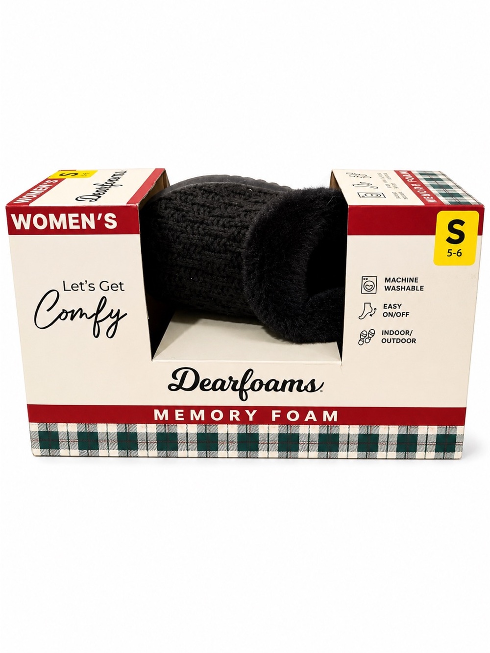 NIB Dearfoams Women’s Black Knit Memory Foam Slippers with Plush Cuff